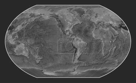 Photo for Tectonic plate boundaries on the world grayscale elevation map in the Kavrayskiy VII projection centered on the 90th meridian west longitude - Royalty Free Image