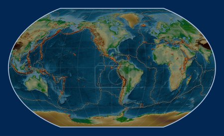 Téléchargez les photos : Distribution of known volcanoes on the world physical elevation map in the Kavrayskiy VII projection centered on the 90th meridian west longitude - en image libre de droit