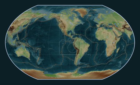 Foto de Límites de placas tectónicas en el mapa de elevación de estilo wikipedia mundial en la proyección de Kavrayskiy VII centrada en la longitud del meridiano 90 oeste - Imagen libre de derechos