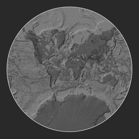 Foto de Límites de placas tectónicas en el mapa de elevación de bileveles del mundo en la proyección de Lagrange centrada en el meridiano primario - Imagen libre de derechos