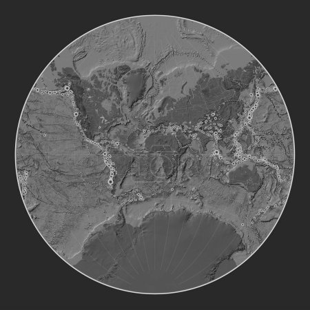 Foto de Localizaciones de terremotos por encima de 6,5 magnitudes registradas desde principios del siglo XVII en el mapa de elevación de bileveles del mundo en la proyección de Lagrange centrada en el meridiano primario - Imagen libre de derechos