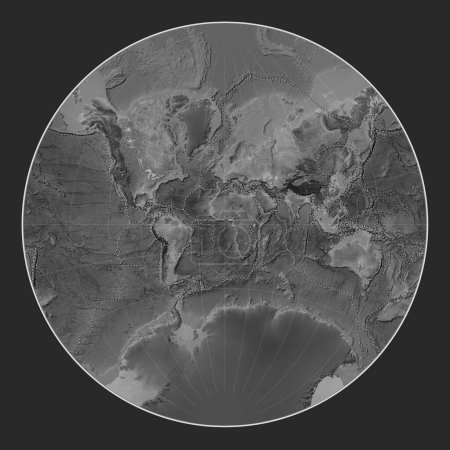 Photo for Tectonic plate boundaries on the world grayscale elevation map in the Lagrange projection centered on the prime meridian - Royalty Free Image