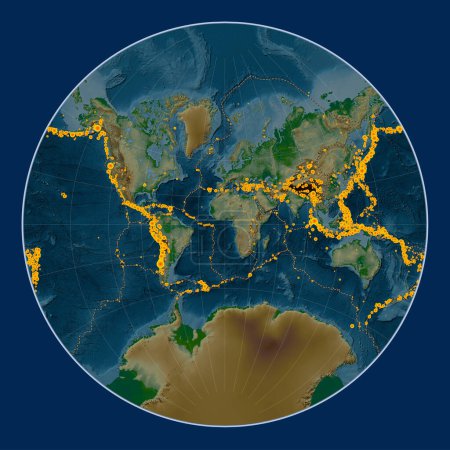 Foto de Localizaciones de terremotos de magnitud superior a 6,5 registradas desde principios del siglo XVII en el mapa de elevación física mundial en la proyección de Lagrange centrada en el meridiano primario - Imagen libre de derechos