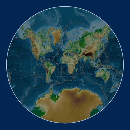 Photo for Tectonic plate boundaries on the world physical elevation map in the Lagrange projection centered on the prime meridian - Royalty Free Image