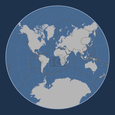 Téléchargez les photos : Limites des plaques tectoniques sur la carte de contour solide du monde dans la projection Lagrange centrée sur le méridien principal - en image libre de droit