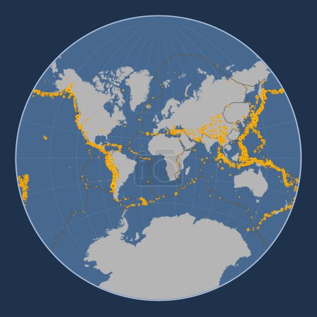 Foto de Localizaciones de terremotos de magnitud superior a 6,5 registradas desde principios del siglo XVII en el mapa del contorno sólido mundial en la proyección de Lagrange centrada en el meridiano primario - Imagen libre de derechos