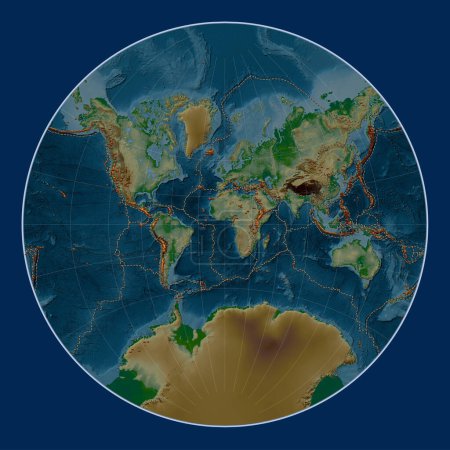 Foto de Distribución de volcanes conocidos en el mapa de elevación física mundial en la proyección de Lagrange centrada en el meridiano primario - Imagen libre de derechos