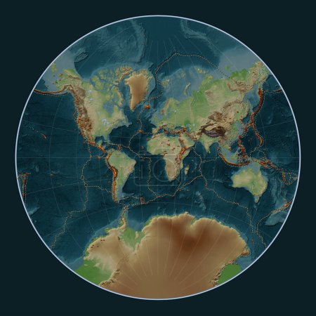 Foto de Distribución de volcanes conocidos en el mapa de elevación de estilo wiki mundial en la proyección de Lagrange centrada en el meridiano primario - Imagen libre de derechos
