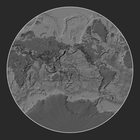 Foto de Distribución de volcanes conocidos en el mapa de elevación de bileveles del mundo en la proyección de Lagrange centrada en la línea de fecha - Imagen libre de derechos