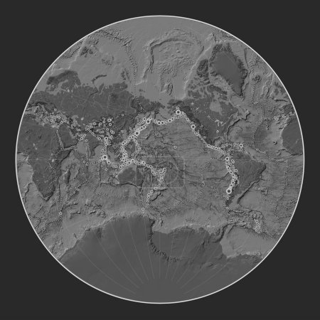 Foto de Ubicaciones de terremotos por encima de Richter 6.5 registradas desde principios del siglo XVII en el mapa de elevación de bileveles del mundo en la proyección de Lagrange centrada en la línea de fecha - Imagen libre de derechos