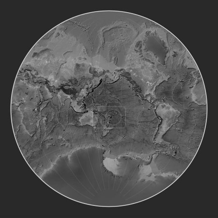 Foto de Distribución de volcanes conocidos en el mapa mundial de elevación a escala de grises en la proyección de Lagrange centrada en la línea de fecha - Imagen libre de derechos