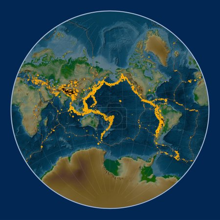 Foto de Ubicaciones de terremotos por encima de Richter 6.5 registradas desde principios del siglo XVII en el mapa de elevación física mundial en la proyección de Lagrange centrada en la línea de fecha - Imagen libre de derechos