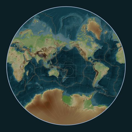 Foto de Límites de placas tectónicas en el mapa de elevación de estilo wikipedia mundial en la proyección de Lagrange centrada en la línea de fecha - Imagen libre de derechos