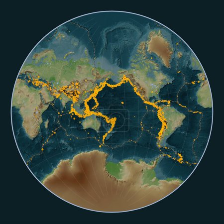 Foto de Ubicaciones de terremotos por encima de Richter 6.5 registradas desde principios del siglo XVII en el mapa de elevación de estilo wikipedia mundial en la proyección de Lagrange centrada en la línea de fecha - Imagen libre de derechos