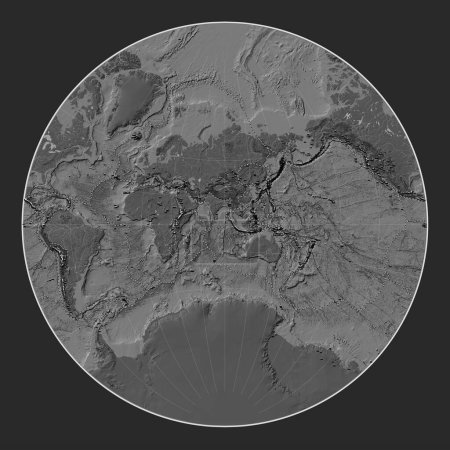 Téléchargez les photos : Distribution of known volcanoes on the world bilevel elevation map in the Lagrange projection centered on the 90th meridian east longitude - en image libre de droit