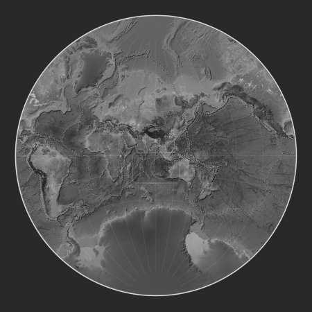 Foto de Límites de placas tectónicas en el mapa de elevación de escala de grises del mundo en la proyección de Lagrange centrada en la longitud 90 meridiano este - Imagen libre de derechos
