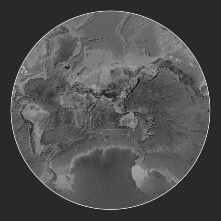 Foto de Distribución de volcanes conocidos en el mapa mundial de elevación a escala de grises en la proyección de Lagrange centrada en la longitud del meridiano 90 este - Imagen libre de derechos