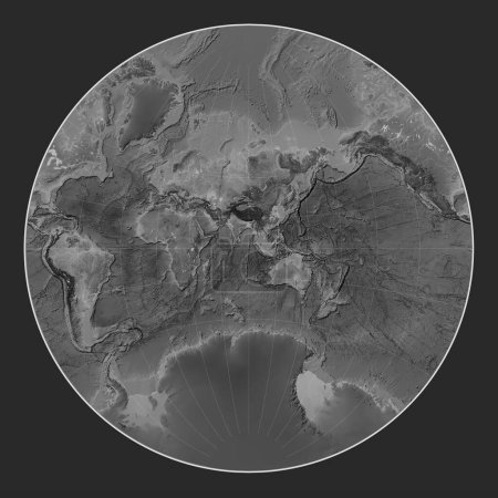 Foto de Mapa mundial de elevación a escala de grises en la proyección de Lagrange centrada en la longitud del meridiano 90 este - Imagen libre de derechos