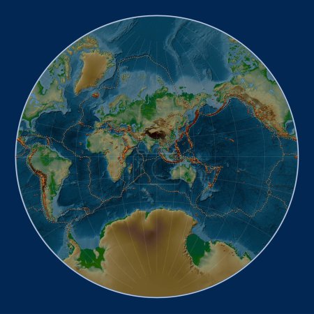 Photo for Distribution of known volcanoes on the world physical elevation map in the Lagrange projection centered on the 90th meridian east longitude - Royalty Free Image