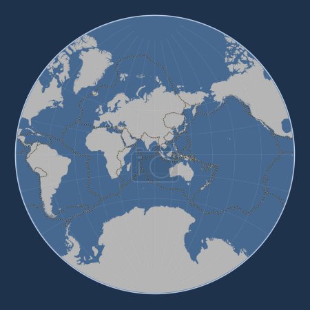 Foto de Límites de placas tectónicas en el mapa de contorno sólido del mundo en la proyección de Lagrange centrada en la longitud 90 meridiano este - Imagen libre de derechos