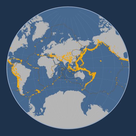 Foto de Localizaciones de terremotos por encima de Richter 6.5 registradas desde principios del siglo XVII en el mapa del contorno sólido mundial en la proyección de Lagrange centrada en la longitud del meridiano 90 este - Imagen libre de derechos