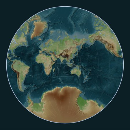 Foto de Mapa de elevación de estilo wikipedia mundial en la proyección de Lagrange centrada en la longitud 90 meridiano este - Imagen libre de derechos