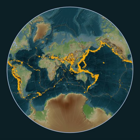 Foto de Ubicaciones de terremotos por encima de Richter 6.5 registradas desde principios del siglo XVII en el mapa de elevación de estilo wikipedia mundial en la proyección de Lagrange centrada en la longitud 90 meridiano este - Imagen libre de derechos