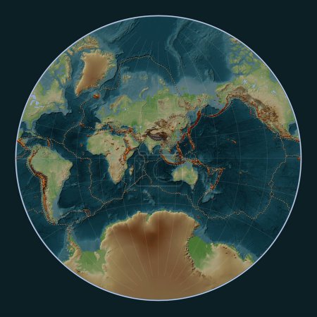 Foto de Distribución de volcanes conocidos en el mapa de elevación de estilo wikipedia mundial en la proyección de Lagrange centrada en la longitud del meridiano 90 este - Imagen libre de derechos