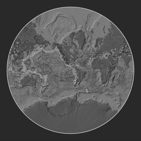 Foto de Ubicaciones de terremotos por encima de Richter 6.5 registradas desde principios del siglo XVII en el mapa de elevación de bileveles del mundo en la proyección de Lagrange centrada en la longitud del meridiano 90 oeste - Imagen libre de derechos