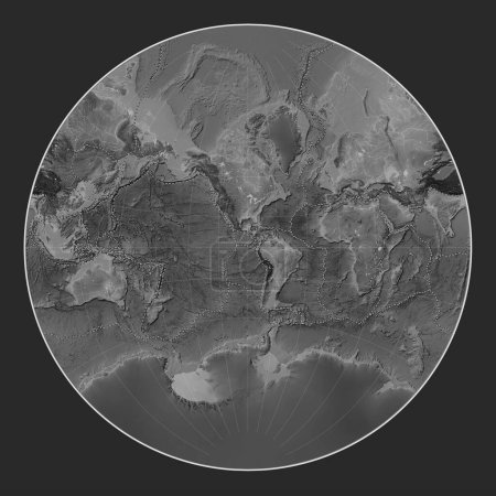 Foto de Límites de placas tectónicas en el mapa de elevación a escala de grises del mundo en la proyección de Lagrange centrada en la longitud del meridiano 90 oeste - Imagen libre de derechos