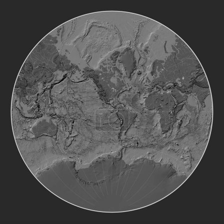 Foto de Distribución de volcanes conocidos en el mapa de elevación de bileveles del mundo en la proyección de Lagrange centrada en la longitud del meridiano 90 oeste - Imagen libre de derechos