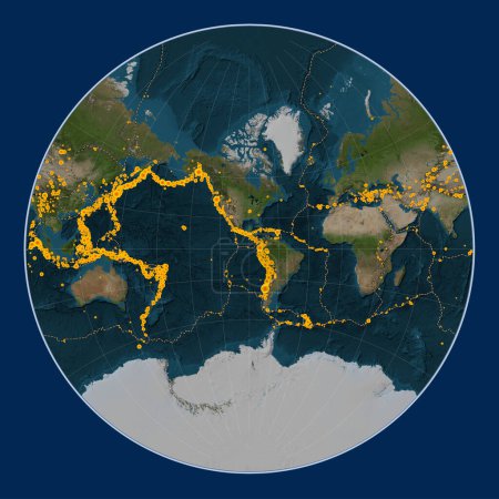 Téléchargez les photos : Lieux des tremblements de terre au-dessus de Richter 6.5 enregistrés depuis le début du 17ème siècle sur la carte satellite mondiale en marbre bleu dans la projection Lagrange centrée sur la longitude ouest du 90ème méridien - en image libre de droit