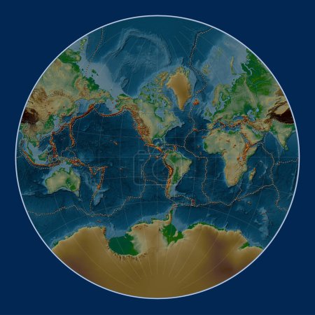 Photo for Distribution of known volcanoes on the world physical elevation map in the Lagrange projection centered on the 90th meridian west longitude - Royalty Free Image