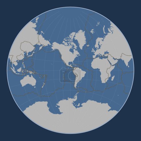 Foto de Límites de placas tectónicas en el mapa de contorno sólido del mundo en la proyección de Lagrange centrada en la longitud del meridiano 90 oeste - Imagen libre de derechos