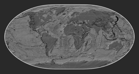 Téléchargez les photos : Distribution of known volcanoes on the world bilevel elevation map in the Loximuthal projection centered on the prime meridian - en image libre de droit