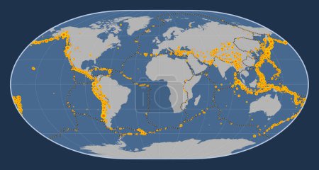 Foto de Localizaciones de terremotos por encima de 6,5 magnitudes registradas desde principios del siglo XVII en el mapa del contorno sólido mundial en la proyección Loximuthal centrada en el meridiano primario - Imagen libre de derechos