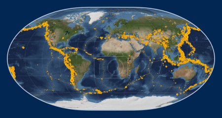 Foto de Localizaciones de terremotos por encima de 6,5 magnitudes registradas desde principios del siglo XVII en el mapa satelital de mármol azul mundial en la proyección Loximuthal centrada en el meridiano primario - Imagen libre de derechos