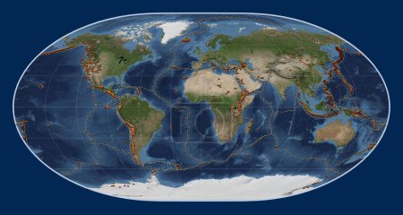 Foto de Distribución de volcanes conocidos en el mapa satélite de mármol azul del mundo en la proyección Loximuthal centrada en el meridiano primario - Imagen libre de derechos