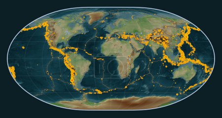 Foto de Localizaciones de terremotos por encima de 6,5 magnitudes registradas desde principios del siglo XVII en el mapa de elevación del estilo wiki mundial en la proyección Loximuthal centrada en el meridiano primario - Imagen libre de derechos