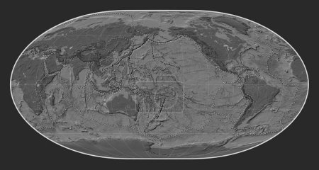 Foto de Límites de placas tectónicas en el mapa de elevación bilevel mundial en la proyección Loximuthal centrada en la línea de fecha - Imagen libre de derechos