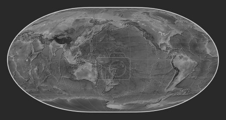 Photo for Tectonic plate boundaries on the world grayscale elevation map in the Loximuthal projection centered on the date line - Royalty Free Image