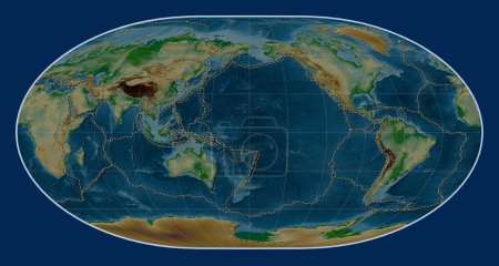 Photo for Tectonic plate boundaries on the world physical elevation map in the Loximuthal projection centered on the date line - Royalty Free Image