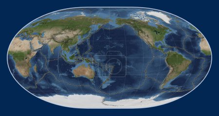 Photo for Tectonic plate boundaries on the world blue Marble satellite map in the Loximuthal projection centered on the date line - Royalty Free Image