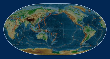 Téléchargez les photos : Distribution of known volcanoes on the world physical elevation map in the Loximuthal projection centered on the date line - en image libre de droit