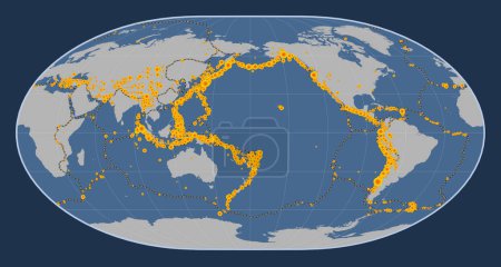 Foto de Ubicaciones de terremotos por encima de Richter 6.5 registradas desde principios del siglo XVII en el mapa de contorno sólido mundial en la proyección Loximuthal centrada en la línea de fecha - Imagen libre de derechos