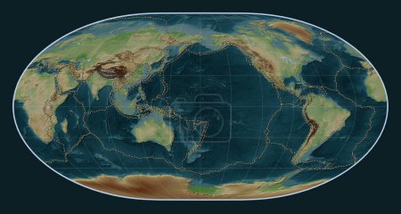 Photo for Tectonic plate boundaries on the world wikipedia style elevation map in the Loximuthal projection centered on the date line - Royalty Free Image