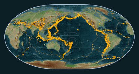 Téléchargez les photos : Lieux des tremblements de terre au-dessus de Richter 6.5 enregistrés depuis le début du 17ème siècle sur la carte de l'altitude de style wikipédia dans la projection de Loximuthal centrée sur la ligne de date - en image libre de droit