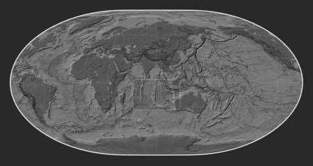 Téléchargez les photos : Carte de l'altitude mondiale bilevel dans la projection de Loximuthal centrée sur la 90e longitude est du méridien - en image libre de droit