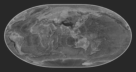 Photo for Tectonic plate boundaries on the world grayscale elevation map in the Loximuthal projection centered on the 90th meridian east longitude - Royalty Free Image