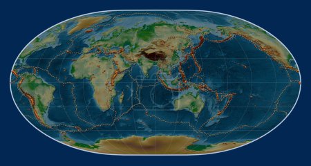 Photo for Distribution of known volcanoes on the world physical elevation map in the Loximuthal projection centered on the 90th meridian east longitude - Royalty Free Image